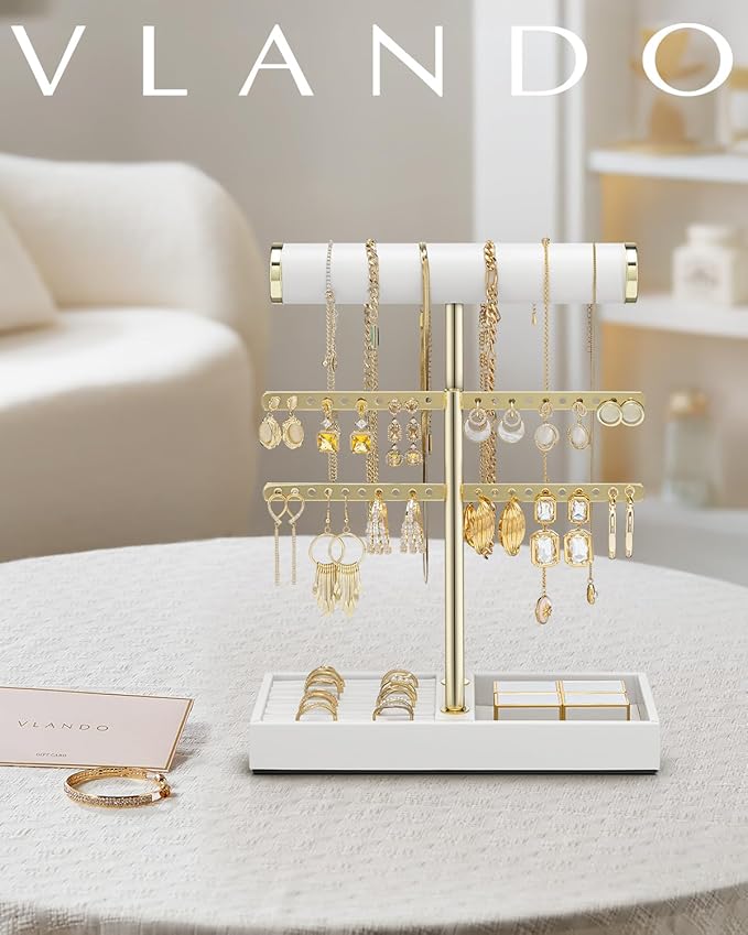 Vlando 2 Tier Necklace Holder Organizer with Tray, Leather Bracelet Holder Display for Women, Gold Jewelry Holder Stand for Bracelet, Necklace, Earrings, Rings - White