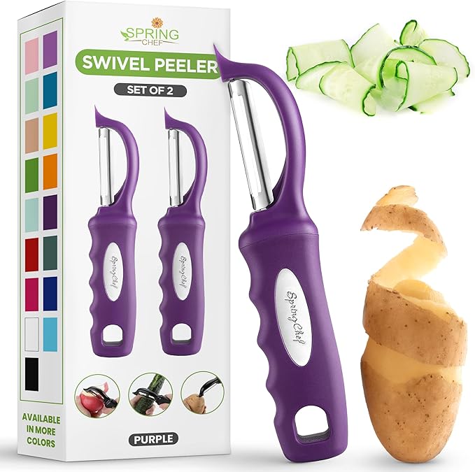 Spring Chef Professional Purple Swivel Potato Peelers for Kitchen, Stainless Steel Veggie Peeler with Soft Grip Handle, Dishwasher Safe, Grate for Peeling Apple, Fruit, Carrot, Cucumber, Purple