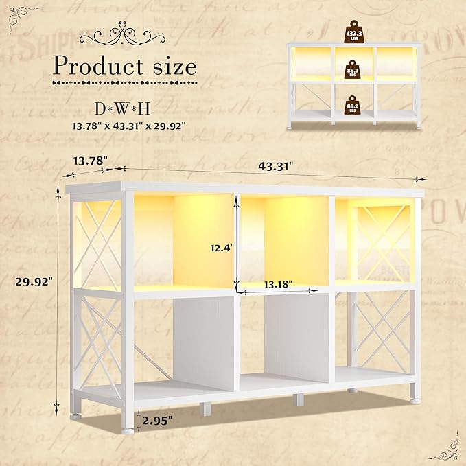 6 Cube Storage Organizer with LED Light and Charging Station, Wood and Metal Cube Shelf, White Horizontal Book Shelf for Bedroom, Home Office