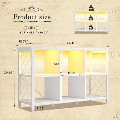 6 Cube Storage Organizer with LED Light and Charging Station, Wood and Metal Cube Shelf, White Horizontal Book Shelf for Bedroom, Home Office