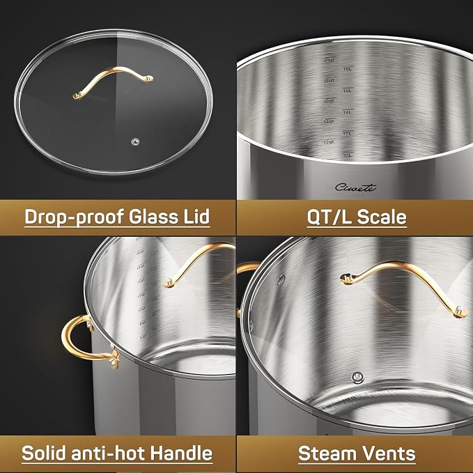 Ciwete Stock Pot 20 Quart, 3 Ply Stainless Steel Stock Pot with Lid, 20 Quart Soup Pot with Copper Handle, Healthy Stockpots, Induction, Oven, Gas and Dishwasher Safe