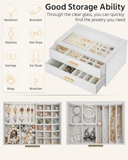 AKOZLIN Jewelry Box with Clear Lid Functional Leather Jewelry Storage Organizer Case 2 Drawers for Women Girls Necklace Ring Bracelet Earring