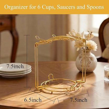 YOLIFE Tea Cup Holder for Countertop, Gold Metal Cup and Saucer Display Stand, Foldable Tea Station Organizer, Espresso Coffee Cups Rack for Home or Bar Decor