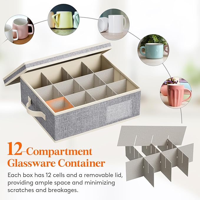 Lifewit 3 Pcs Coffee Mug Storage Box with Dividers, Stackable Cationic Hard Shell Stemware Containers with 48 Cells, Foldable Dustproof China Containers for Moving, Light Grey