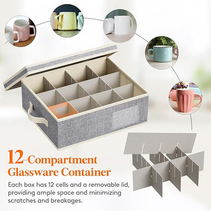 Lifewit 3 Pcs Coffee Mug Storage Box with Dividers, Stackable Cationic Hard Shell Stemware Containers with 48 Cells, Foldable Dustproof China Containers for Moving, Light Grey