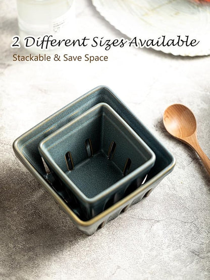 Gomakren Fruit Basket Set of 2, Square Fruit Bowls with Holes, Ceramic Berry Basket Storage Containers for Kitchen Fridge, Cute Strawberry Basket for Berries, Grape, Cherry, Slate Blue