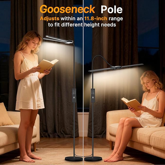 Syrinx LED Floor Lamp, 14W 2000LM Bright Floor Lamp for Office, Gesture & Remote Control, Dual Head Goose-Neck Standing Lamp, Dimmable Brightness & Color Temp, Eye Caring Reading Light for Living Room