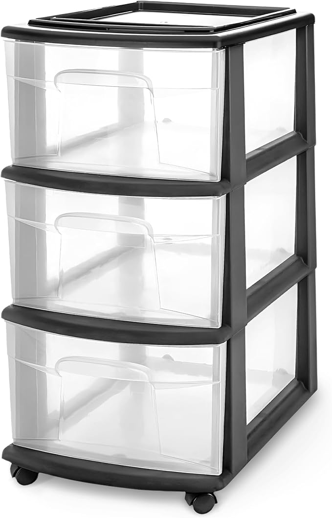 HOMZ 3-Drawer Storage Cart, Plastic Home and Office Organizer, Black Frame
