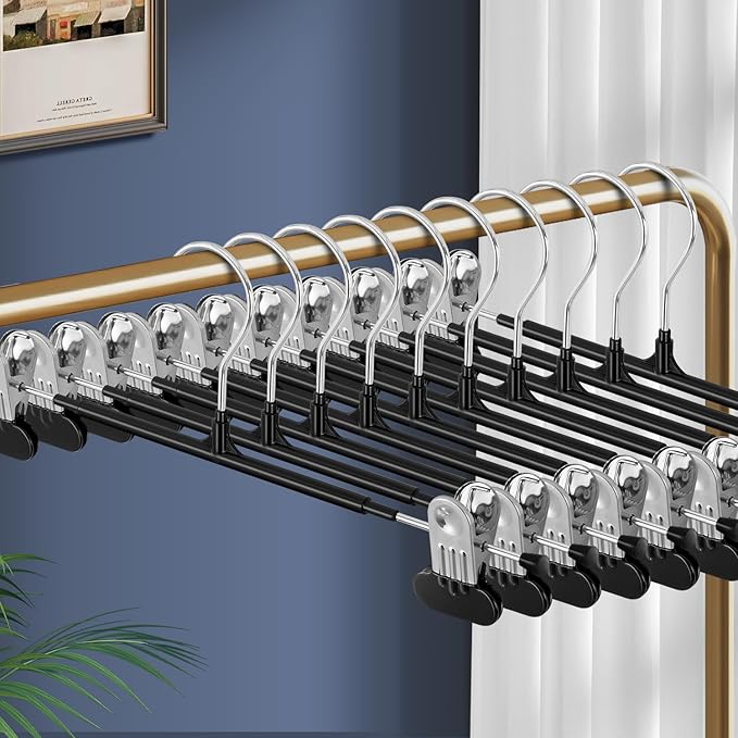 14Inch Clothes Pants Hangers with Wide Clips 10 Pack,Non-Slip Adjustable Skirt Hanger for Women,Space-Saving Heavy Duty Men Hangers for Pants,Trousers,Jeans,Shorts,Black