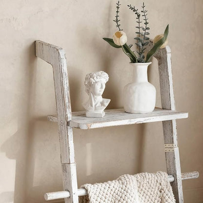 Wash White Wood Blanket Ladder with Top Shelf for the Living Room, 67in Decorative Blanket Holder, 5 Tier with Side Hooks for Hanging, Rustic Farmhouse Towel Throw Ladder Rack for Organize and Display