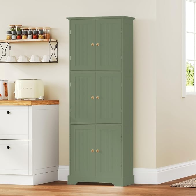 ChooChoo Tall Bathroom Storage Cabinet with 6 Doors, Freestanding Floor Cabinet with Adjustable Shelves, Green Pantry Cabinet for Bathroom, Kitchen, Laundry Room