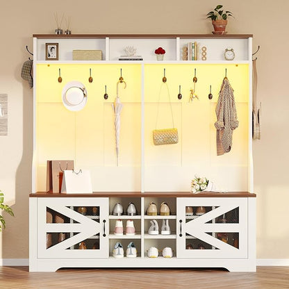 Itaar Hall Tree with Bench and Shoe Storage, 5-in-1 Entryway Bench with Coat Rack, 16 Shoe Cubbies & 12 Coat Hooks, Barn Door & Adjustable Shelf (White)