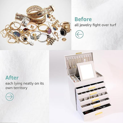BOOVO Jewelry Boxes for Women, White and Black 6 Layer Large Jewelry Box for Necklace, Bracelet, Earrings, Rings Storage, Jewelry holder Organizer for Girls Gift (White and Gold, 6 layer)