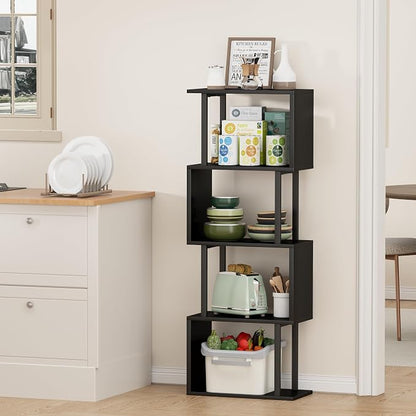 Gadroad 4-Tier Bookshelf, Narrow S-Shaped Geometric Bookcase, Wood Decorative Storage Shelving, Modern Freestanding Display Shelves, Book Shelf Unit for Living Room Bedroom Home Office, Black
