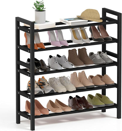 Haddockway Bamboo Shoe Rack for Closet, Free Standing Shoe Organizer with Smooth Round Rods & Convenient Handles, Stackable Shoe Storage Shelf for Entryway, Hallway(Black, 5-Tier)