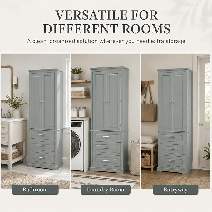Storage Cabinet, Tall Bathroom Cabinet with Adjustable Shelf | Tall storage cabinet, upper enclosed cabinet and 3 pull-out compartments keep daily essentials organized