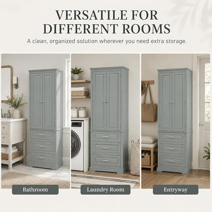 Storage Cabinet, Tall Bathroom Cabinet with Adjustable Shelf | Tall storage cabinet, upper enclosed cabinet and 3 pull-out compartments keep daily essentials organized