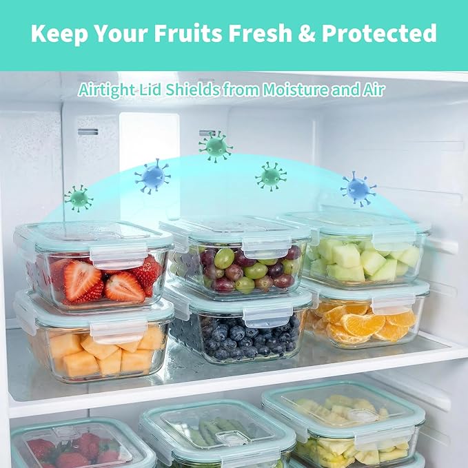 2 Pack Fruit Storage Containers for Fridge, Glass Fruit Containers for Fridge with Airtight Lid, Airflow Vent Design to Keep Produce Fresh Longer, Ideal for Fruits and Vegetables Storage