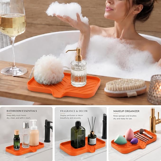 MicoYang Silicone Soap Dish with Drain Spout — Self-Draining Sink Organizer Tray for Bathroom & Kitchen, Sponges, Dispensers & Soap Holder, Non-Slip & Dishwasher Safe, Orange (Medium, 9.6"×5.3")
