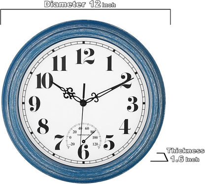 zyzamay 12 Inch Indoor Outdoor Clocks,Waterproof Wall Clock with Thermometer,Easy to Read,Non-Ticking Battery Operated Quality Quartz Clock, Decorative for Patio,Porch,Pool,Bathroom,Deck(Blue)
