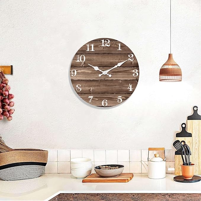 XFM Brown Wooden Wall Clock 10 Inch Silent Wall Clocks Battery Operated Decorative Farmhouse Small Rustic Wall Clock for Kitchen Living Room Office
