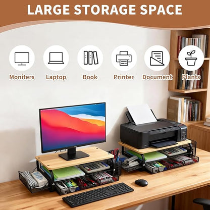 Desk Organizers and Accessories Monitor Riser, Monitor Stand with Drawer (2-Tier Drawers) with Large Side Storage Rack & Cable Management,66LBS/30KG, Office Organization, Oak