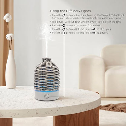 Essential Oil Diffuser - Multifunction Aromatherapy Diffuser 7 LED Color Changing Light 100ML Rattan Diffuser Easy to Clean Suitable for Home,Office (Grey)