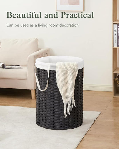Laundry Basket Round Rattan Laundry Hamper 29.1 Gal(110 L) Handwoven Large Wicker Basket with Handles, Wicker Hamper with Removable Bags and 2 Mesh Bags for Bathroom Living Room Black(No Lid)
