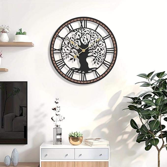 Micasso Non-Ticking Large Wall Clock: 18Inch Tree of Life Metal Black with Solid Wood Frame - Battery Operated Silent Clock for Living Room/Office/Bedroom/Kitchen - Home Decor for Professional Woman