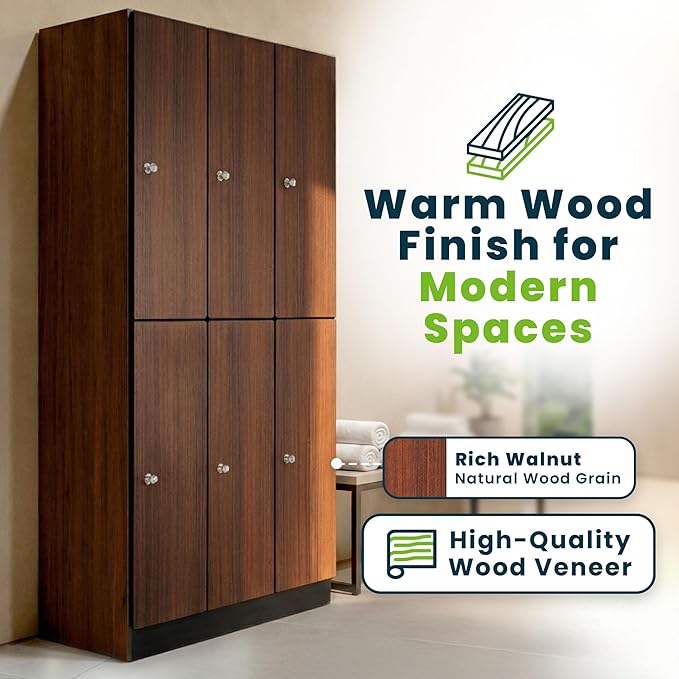 Alpine 6 Door Wooden Locker Cabinet - 72" Expandable Commercial Storage Lockers for Gym, Spa, Office & Golf Club - Includes Metal Base & Lock-Ready Handles, Triple Column 2 Tier - Walnut