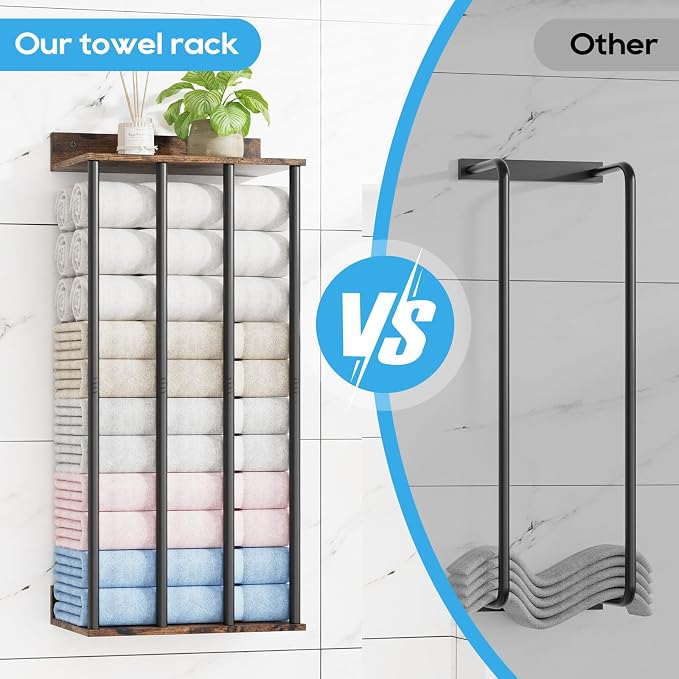 Towel Racks for Bathroom Wall Mounted, Updated 4 Bar Wall Towel Holder | Large Bathroom Towel Storage Rack for Rolled Towels, Vintage Metal Towel Organizer Shelf with Wooden Storage Shelf