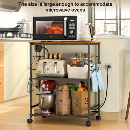 ThreeHio Rolling Kitchen Microwave Cart with Power Outlet, 3 Tier Microwave Table Stand with Storage, Kitchen Utility Cart on Wheels, Small Coffee Cart Shelf Rack Organizer for Living Room Office