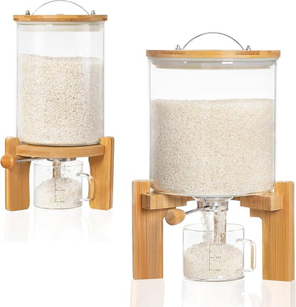 HBlife Glass Rice Dispenser with Wooden Stand Flour and Cereal Container with Glass Measuring Cup Pantry Food Organization Storage Bin with Airtight Bamboo Lid, 3L+5L