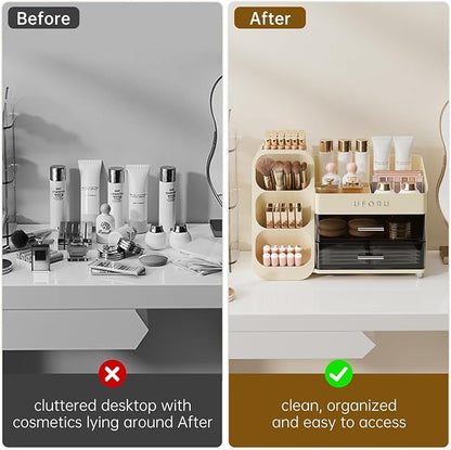 Makeup Organizer for Vanity with Brush Holder, Countertop Skincare Organizer with 2 Drawers, Spacious Cosmetic Display Case for Perfumes, Eyeshadow Palettes, Nail Polishes