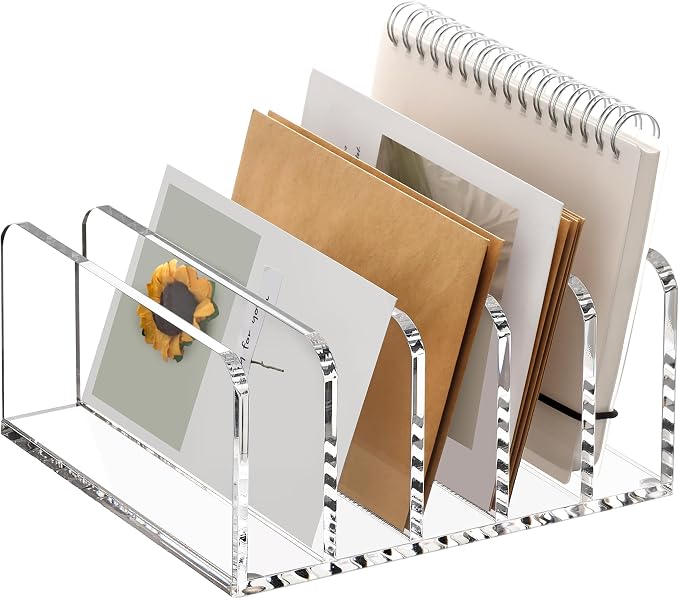 SANRUI 5 Compartments Acrylic Mail Sorter Holder, Clear Document Magazine Envelope File Rack, Vertical Letter Sorter & Multifunction Desk Organizer for Bills, Documents, Notebooks