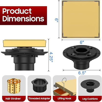 DLONE Square Shower Drain | 6 Inch Brushed Gold AISI 304 Stainless Steel Shower Drain with 2-in-1 Tile Insert Panel, Shower Floor Drain in Bathroom, Balcony etc