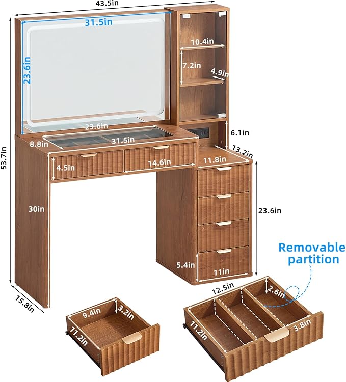 LEYAOYAO Vanity Desk with Mirror and Lights, 43.5'' Fluted Makeup Vanity with 6 Drawers and Adjustable Shelves, Wood TC Make Up Vanity Dressing Table with Glass Top and Power Outlet for Bedroom