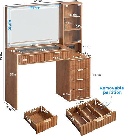 LEYAOYAO Vanity Desk with Mirror and Lights, 43.5'' Fluted Makeup Vanity with 6 Drawers and Adjustable Shelves, Wood TC Make Up Vanity Dressing Table with Glass Top and Power Outlet for Bedroom