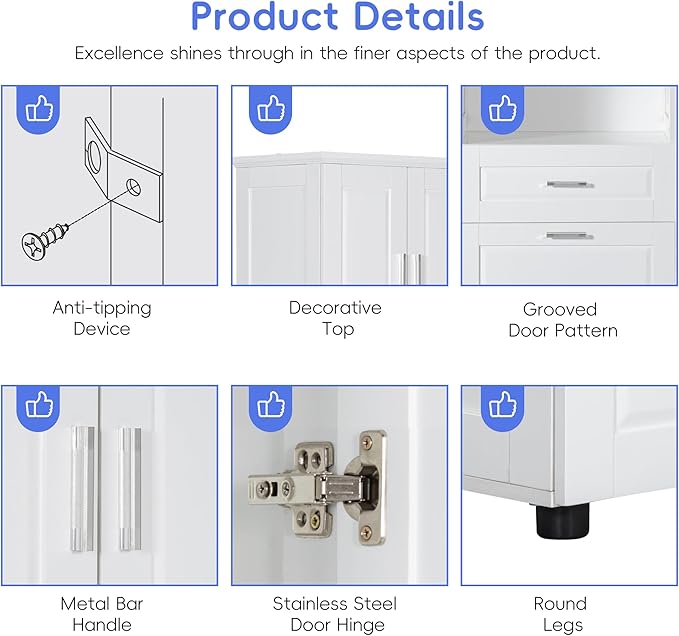 70" Tall Bathroom Storage Cabinet with Two Doors and Drawer, Open Space and Laundry Hampers for Home Display Organizer, Removable Laundry Basket, Adjustable Shelf, White
