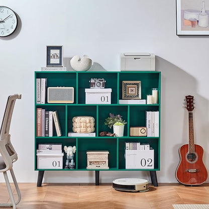 LEYAOYAO 10 Cube Bookshelf,3 Tier Modern Wide Bookcase with Legs,Mid-Century Wood Bookshelves Storage，Dark Green Large Book Case,Freestanding Organizer Display Shelf for Bedroom,Living Room,Office