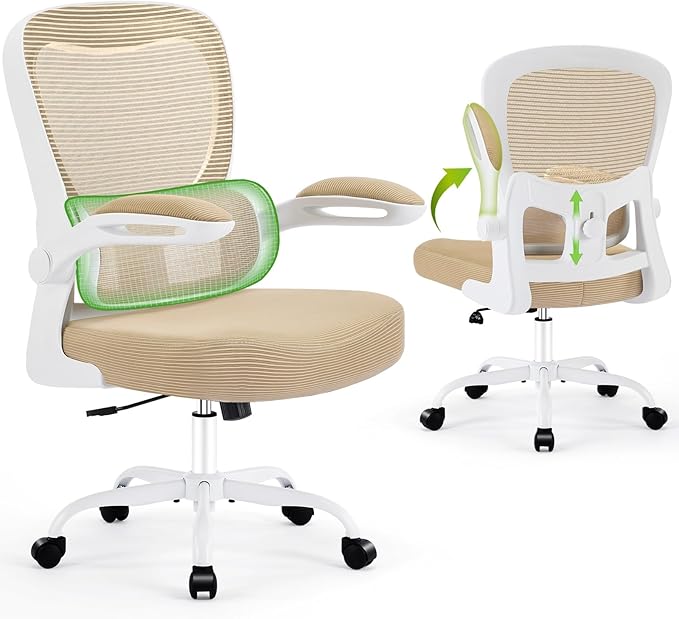 Ergonomic Office Chair, Comfy Desk Chair with Adjustable Lumbar Support, Mesh Computer Chair with Wheels, Flip-up Armrests, Swivel Rolling Executive Chair for Home Office, Gaming, Khaki