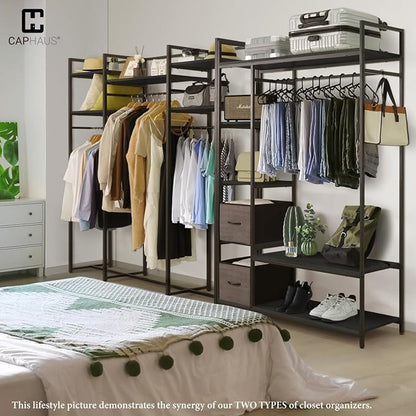 CAPHAUS 913lbs Capacity Garment Rack for Hanging Clothes, Heavy Duty Open Wardrobe w/Hanging Rods, Free Standing Closet Organizer, Clothing Rack, Metal Closet w/Wooden Boards, Black Vintage Board