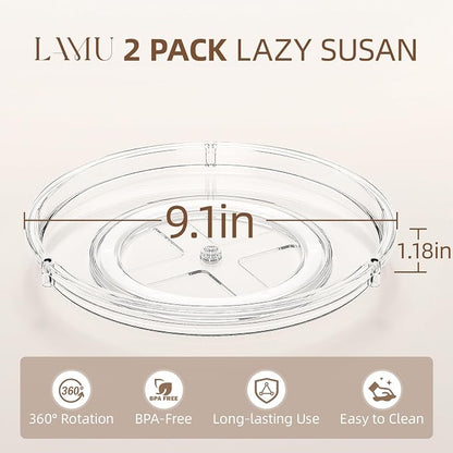 LAMU 2 Pack Lazy Susan Organizer, 9'' Clear Lazy Susan Turntable for Cabinet, Fridge, Kitchen, Pantry, Countertop, Table Top, Refrigerator Organizers and Storage, Seasoning and Spice Organizer