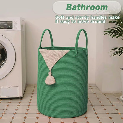 JMvicyroam Large Woven Laundry Basket Hamper,100L Cotton Rope Storage Bin for Blankets,Toys and Clothes,Decorative Tall Nursery Hamper for Living Room,Baby Nursery,Bathroom and Bedroom,Dark Green