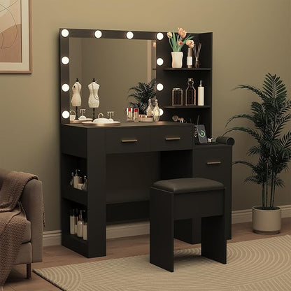 【10-Bulb Mirror | Built-in Outlets】 41'' Large Vanity Desk with Mirror and 3 Color Lighting Modes - Makeup Desk with Stool and 5 Drawers for Bedroom