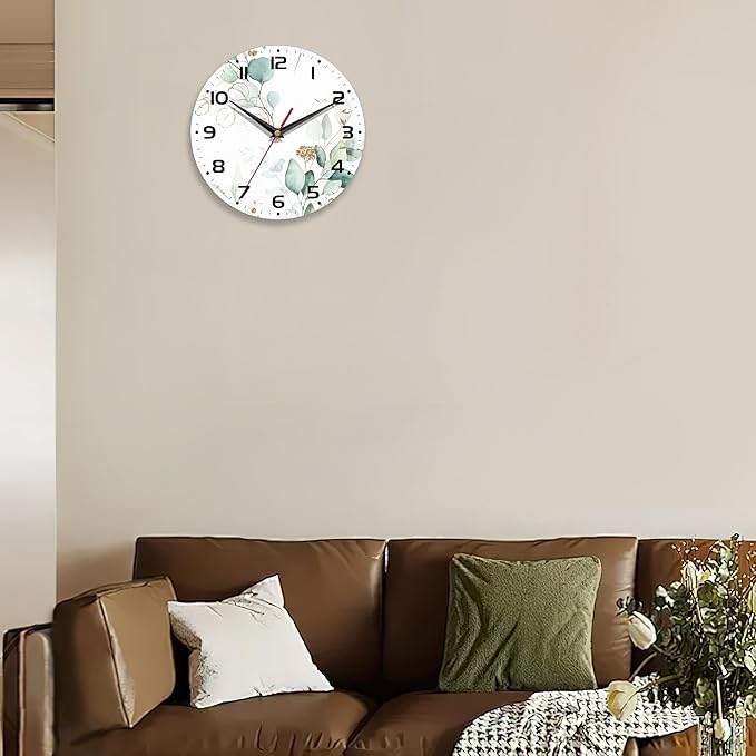 Wall Clocks Battery Operated,Eucalyptus Leaf Clock for Living Room,Decorative Wall Clock for Living Room,Bedroom,Bathroom,Kitchen,10 Inch