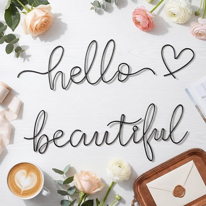 Hicarer Hello Gorgeous Metal Wall Art Decor Minimalist Decoration Metal Hello Gorgeous Decorative Sign for Living Room Office Bedroom Hotel Home Wall Decoration (Black,Lovely Style)