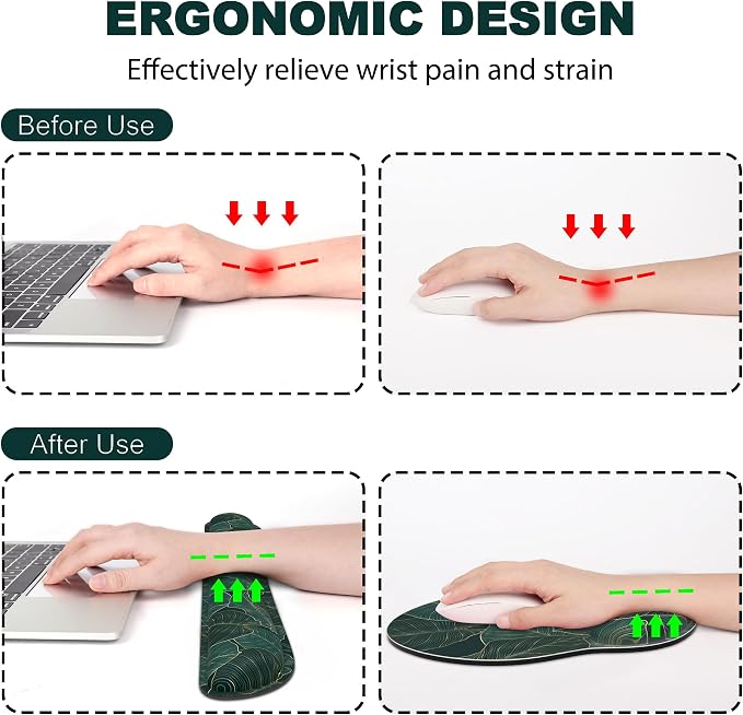 Ergonomic Mouse Pad with Wrist Rest and Keyboard Wrist Rest, Mousepad and Wrist Rest for Computer Keyboard, Pain Relief, Non-Slip Base, Mouse Pad Wrist Support for Gaming, Office, Green Palm Leaf