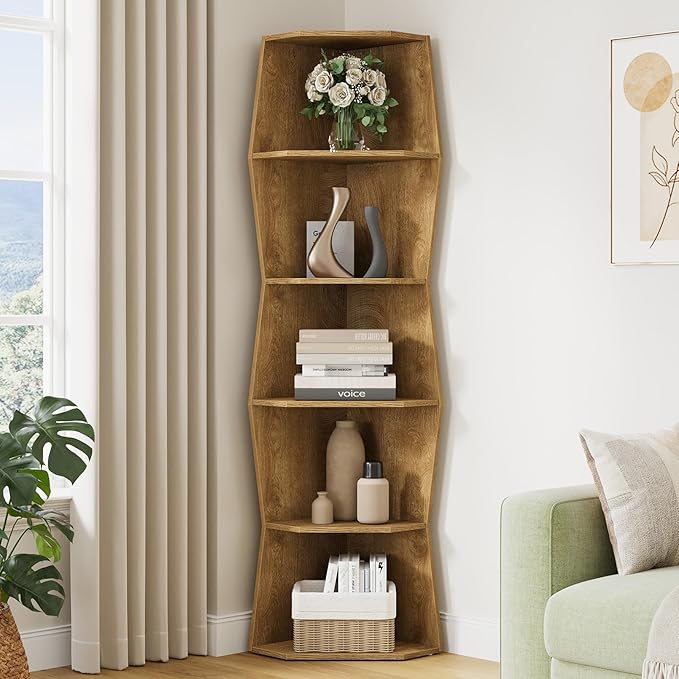 Vividwood Wavy Corner Shelf, Modern 6-Tier Irregular Wooden Corner Bookshelf, Narrow Tall Display Bookcase for Living Room, Bedroom