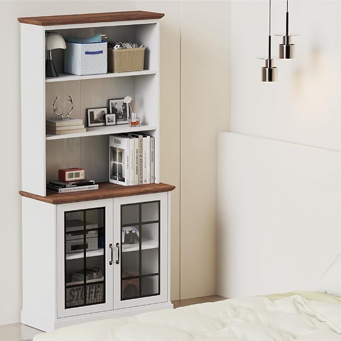 blini White Bookshelf with Glass Door, 5-Shelf Tall Bookcase, 15" Multi Depth Storage Cabinet with Adjustable Shelves, Large Bookcases for Home Office, Living Room & Bedroom